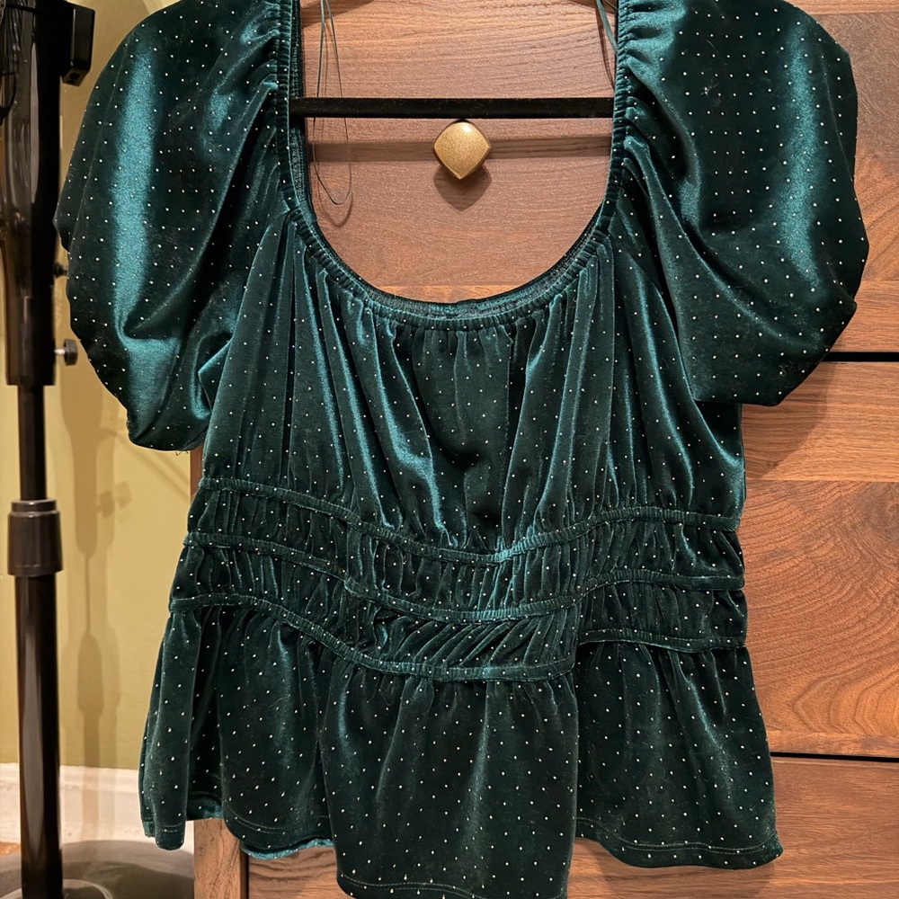 Monami Dark Green Puff Sleeve Sparkly Velvet Blouse